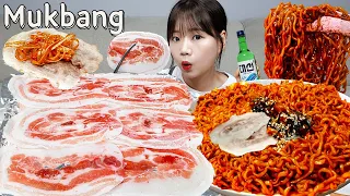 Sub)Real Mukbang- Fire Noodles (Buldak Ramen) 🔥 Expensive Pork Belly 🥓 KOREAN FOOD ASMR