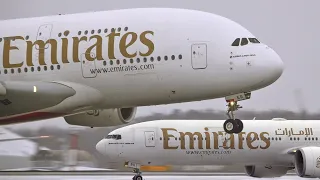 One is large, and the second is generally a giant. Emirates Boeing 777 and Airbus A380. DME, 2022