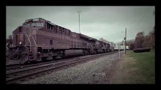 Two Norfolk Southern trains with heritage units meet at Lewistown, PA (10/25/2022) Documentary style