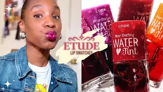 Etude Dear Darling water tint swatches on dark skin