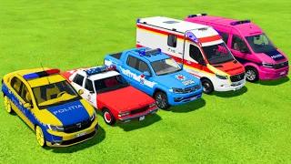 TRANSPORTING ALL POLICE CARS & AMBULANCE EMERGENCY VEHICLE WITH TRUCKS ! Farming Simulator 22