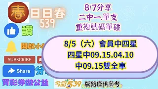 8/7僅供參考分享二中一及獨支帶獨碰.上期會員中四星09 15  04 10四星09 15雙全車(買彩劵做公益)#日日春