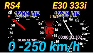 DRAG RACE bmw 330i E30 1250 HP VS Audi RS4 B5 1200 HP Acceleration Sound 0- 250 km/h #auto_insurance