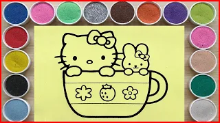 Hello Kitty cat and rabbit sitting in a cup of tea, sand painting ideas (Chim Xinh channel)