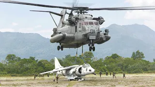 How US Largest Helicopter Sling Loads Broken Harrier Aircraft