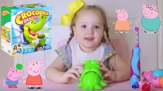 EXTREME CROCODILE DENTIST CHALLENGE with Peppa Pig and Family - Brushing a crocodile's teeth
