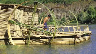 Building completed house on water can move by fan,Bushcraft bamboo, make beds, chairs, full video