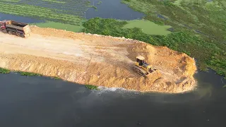 WTF!! Great Technique Experience Operator Bulldozer New Road Build Foundation Over The Big Lake