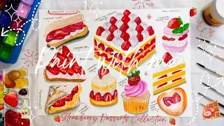 Strawberry Desserts Collection🍓 Relaxing Gouache Painting - Paint with me 🍰🧁