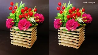 DIY Easy Flower Vase Making With Popsicle Sticks | Popsicle Stick Crafts | Best Out Of Waste