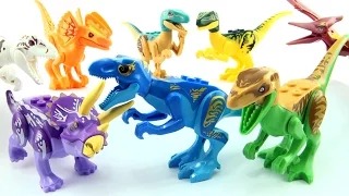 8 colourful lego Jurassic World Dinosaurs - Tyrannosaurus Indominus Rex Velociraptor