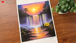 Waterfall Sunset Landscape drawing with Oil Pastel - Tutorial