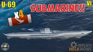 Submarine U-69 4 Kills & 64k Damage | World of Warships Gameplay