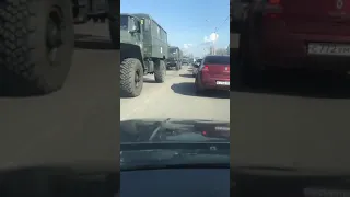 A convoy of Russian Army trucks in the Voronezh region