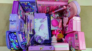 pink & purple stationery collection, collection of pencil case, stationery haul, makeup eraser, pens