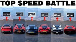 Top 28 Fastest Ferrari Cars - Forza Horizon 5 | Extremely Downhill Top Speed Challenge (All Tune)