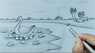 How to draw  duck laying eggs //Riverside scenery drawing with pencil sketch