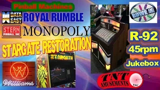 #1230 NIGHT MOVES, ROYAL RUMBLE & MONOPOLY Pinball Machines-ROWE R92 45rpm Jukebox- TNT Amusements