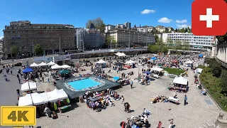 Riponne (Market day) in Lausanne, Switzerland | Spring【4K】Canton de Vaud, Suisse
