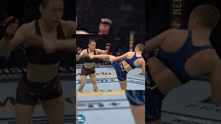 Ultra Slow Mo Rose Namajunas catches Zhang Weili with a High Kick to become Strawweight Champion