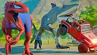 VENOM VS SPIDERMAN, HULK, BATMAN & KING SHARK Dino Fight Jurassic World Evolution