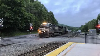 Heavy Coal Train Passes Amtrak Station On The Curves In Tyrone, Pennsylvania.  NS Pittsburgh Line