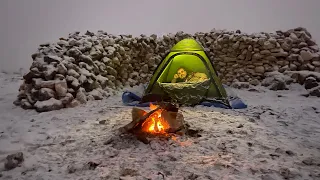 Solo Winter Tent Camping in Snow, Overnight