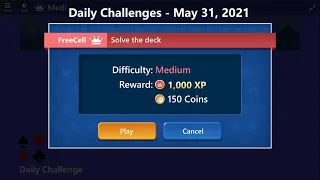 Microsoft Solitaire Collection | FreeCell - Medium | May 31, 2021 | Daily Challenges