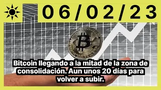 Bitcoin llegando a la mitad de la zona de consolidación. Aun unos 20 días para volver a subir.