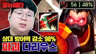 상대 방어력 98% 감소, 스쳐도 1킬씩 한다 ㅋㅋㅋ 파괴 다리우스 [테스터훈 뉴메타]