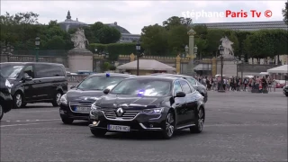 la police escorte , 1 renault Talisman et 1 Peugeot 508 dans Paris