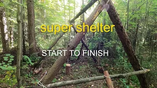 shelter in forest. bushcraft. construction from start to finish.