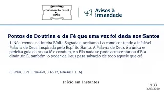 CCB Culto online 16/09/2020 às 20:00 horas