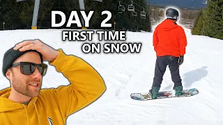 Teaching My Friend To Snowboard - Day 2 - First Time On Snow