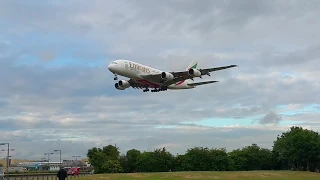 Emirates A380 landing Heathrow Myrtle Avenue