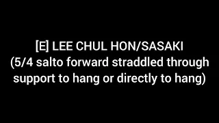 [E] LEE CHUL HON/SASAKI (5/4 salto forward straddled through support to hang or directly to hang)