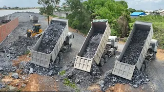 EP136,DumpTruck SHACMAN Unloading Stone Filling With Dozer SHANTUI Push