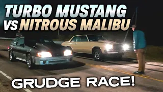 Turbo Mustang vs The Old Mans Nitrous Malibu!
