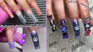 KUROMI HALLOWEEN POLYGEL NAILS💜 NAIL ART & CHARM NAIL DESIGN! CREEPY REDDIT STORIES | Nail Tutorial