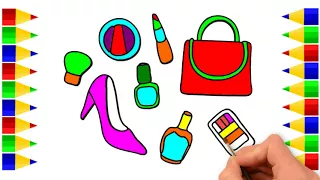 How to Draw Set of Female Accessories-Coloring Pages For Girls All Women Shoes, Handbag, Perfume,