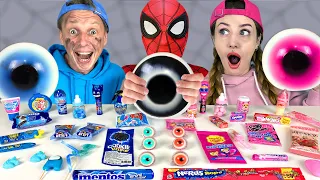 ASMR MUKBANG for Superheroes color food challenge 빨간색 파란색 음식 챌린지 Pink vs Blue Dessert OM NOM