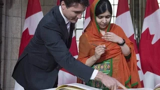 Malala Yousafzai and Justin Trudeau arrive on Parliament Hill