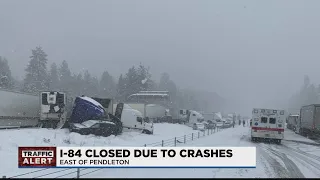 Parts of I-84 closed between Pendleton and La Grande after multiple crashes, 'as many as 98