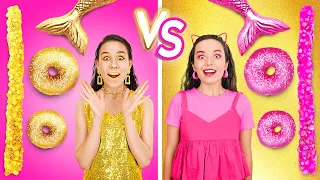 EATING FOODS OF ONE COLOR CHALLENGE || Gold Food VS Pink Food by 123 GO! SCHOOL