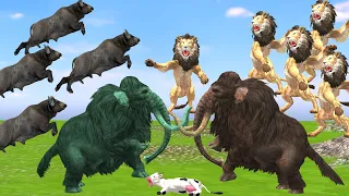 The fight between the mammoth and 5 giant lions to save the cow Cartoon Buffalo saved by 10 mammoths