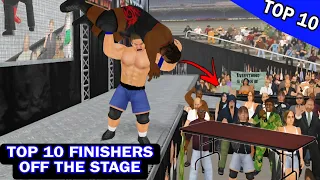 Top 10 FINISHERS OFF THE STAGE | WRESTLING EMPIRE