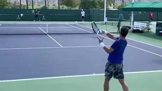 Fabio Fognini hitting with Karen Khachanov at Indian Wells (2019)