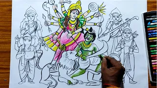 how to draw maa durga ful family with oil pastel color,durga puja drawing navratri special drawing,