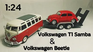 🚙 Old VW VOLKSWAGEN T1 Samba & BEETLE 1:24 Trailer Show Haulers detailed review unboxing Maisto