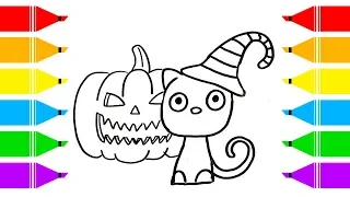 Halloween Pumpkin and Cat Coloring Page for Kids | bunny's coloring book